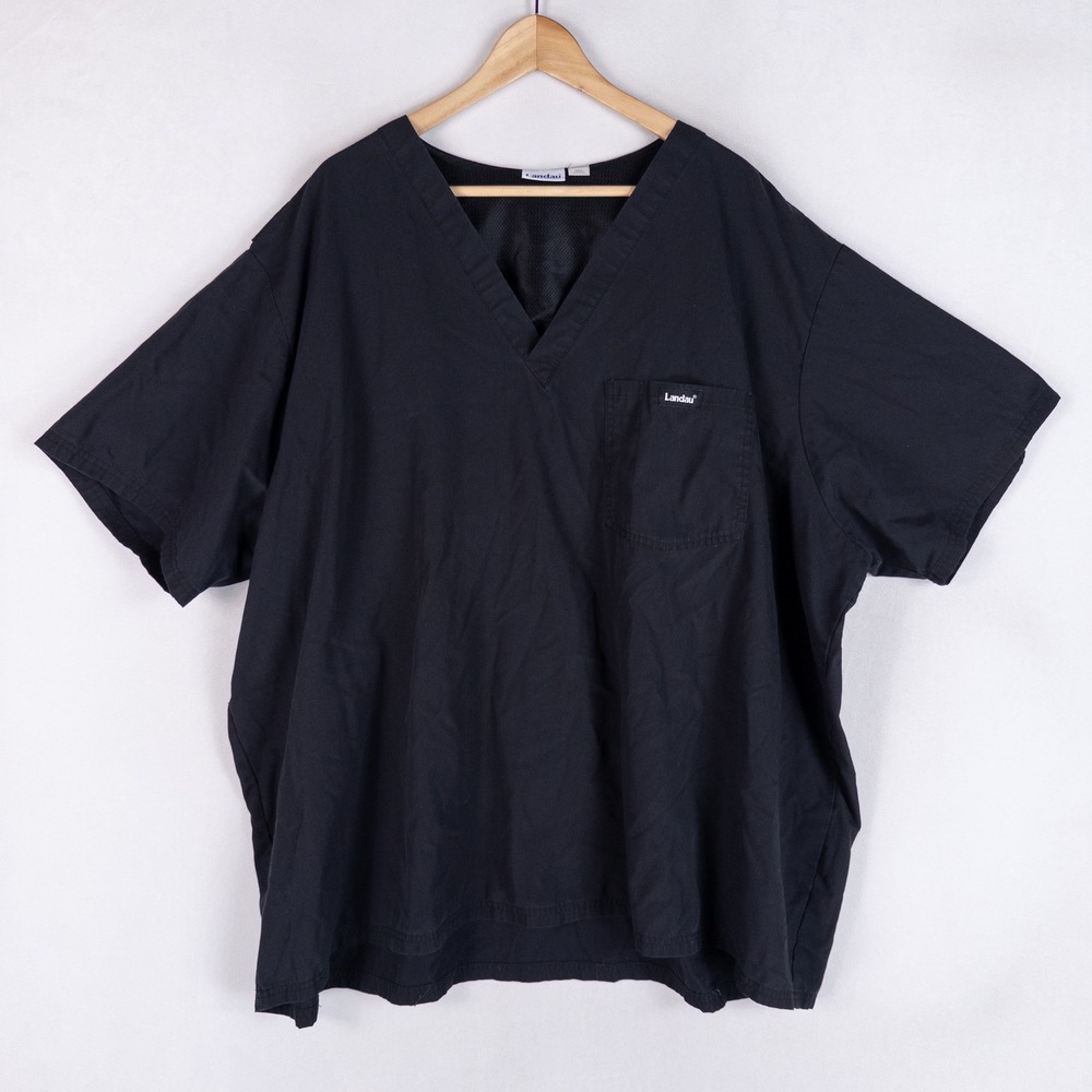 Landau Unisex Scrub Top 4XL Black V-Neck Short Sleeve Pocket Vented Medical